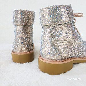 Wonder Sparkling Rhinestone Combat Ankle Boots Metallic Rose Gold Champagne